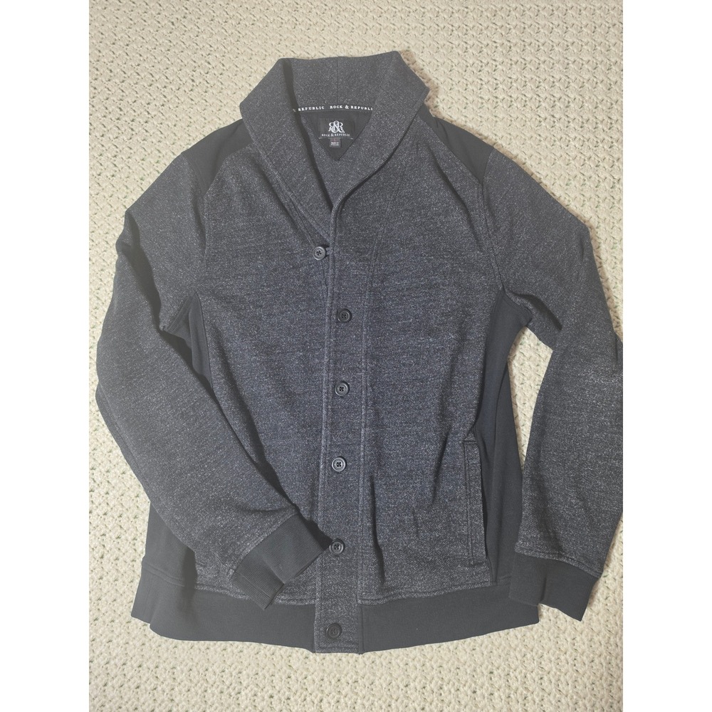 Rock & Republic Cardigan Sweater Mens Large Charcoal Grey Excellent Shawl Collar